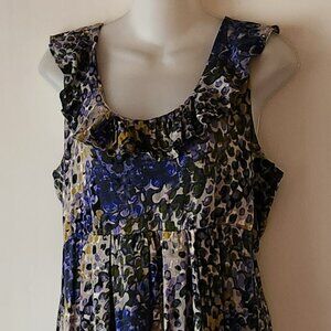 New York & Co graphic print dress sz L empire waist blue lime ruffle GUC